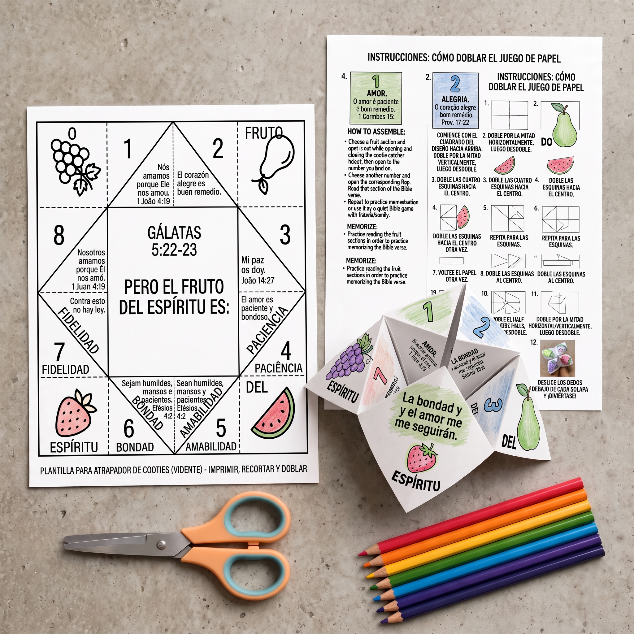 Molde impreso, instrucciones de plegado, tijeras y lápices de colores